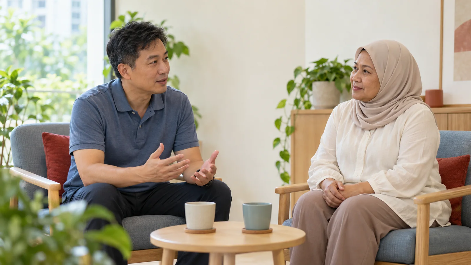 gambling-addiction Two adults having a supportive conversation in a quiet community room.
