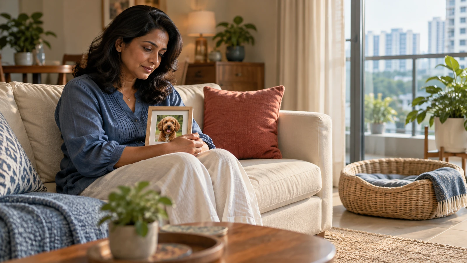 pet-loss Woman holds a framed photograph of her dog beside an empty pet bed.