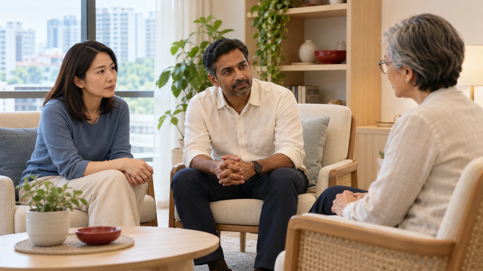 Two adults sit with a listening counsellor in a bright, comfortable consultation room.